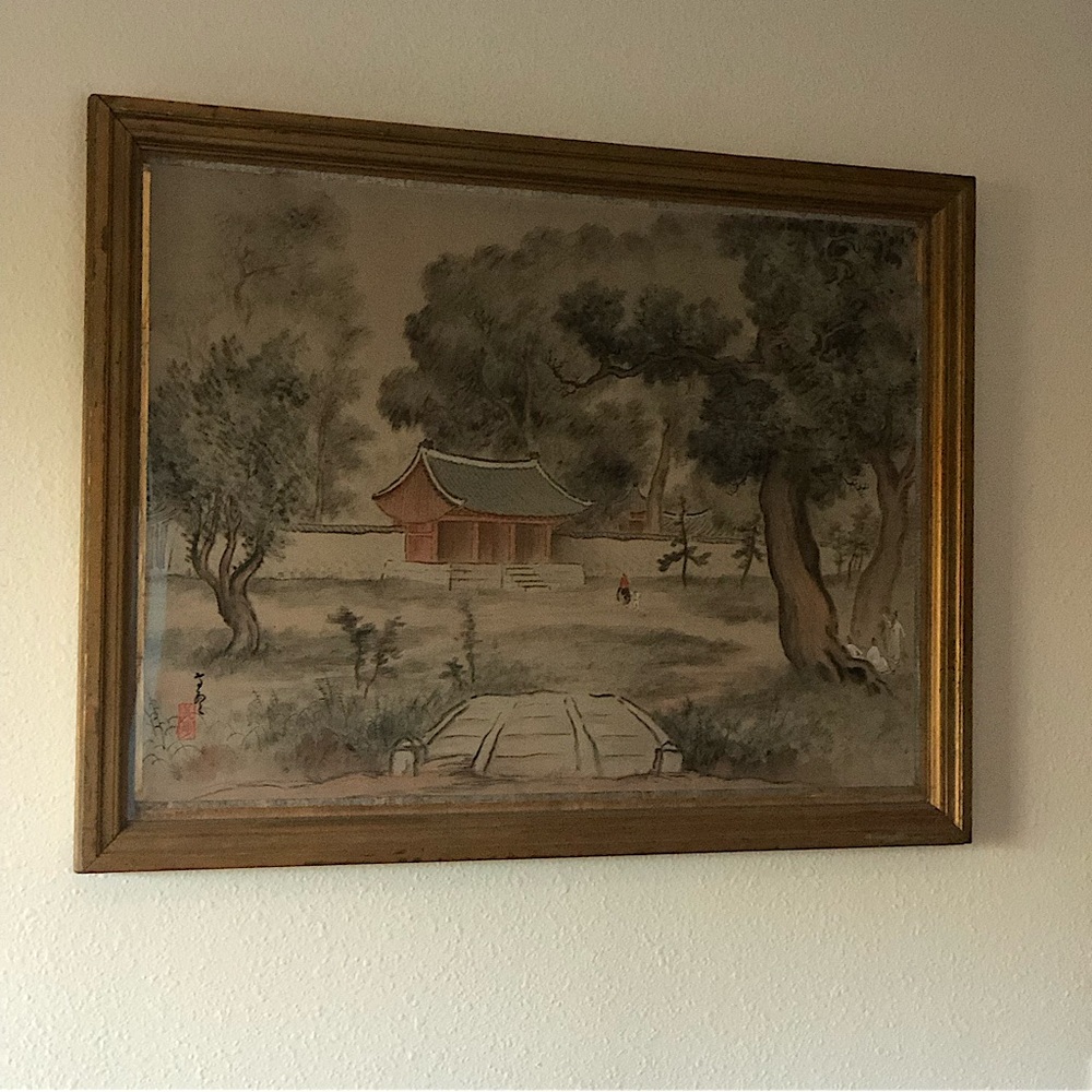 Asian picture painted on a silk gauze like fabric. Measures 24 3/4 X 32 3/4